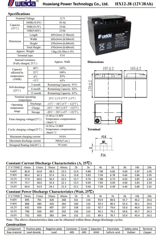 威达蓄电池HX12-38/12V38AH   适用于备用和储能电源运用 